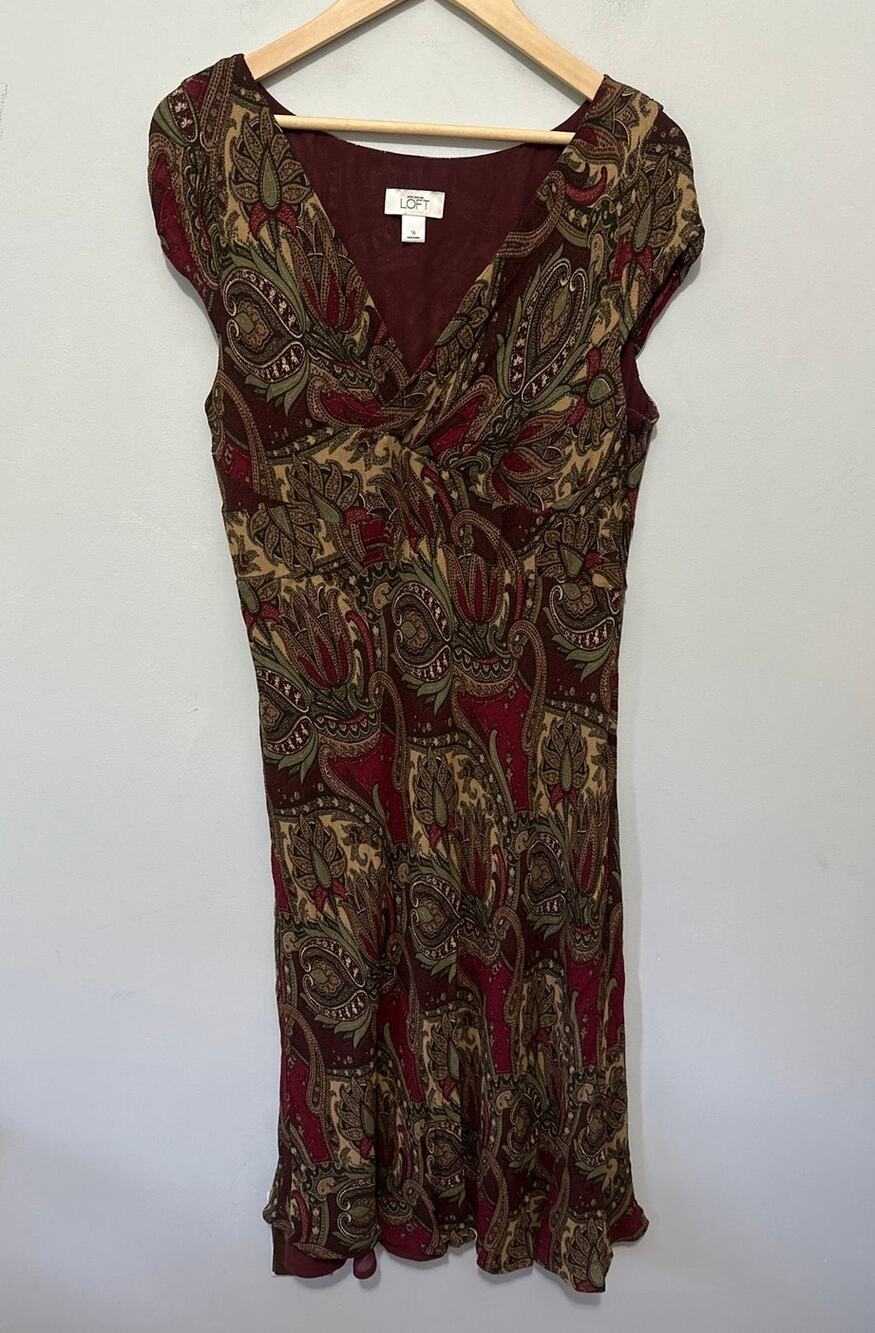 Ann Taylor Loft Dress 16 Burgundy Paisley Midi Retro Y2K Forest Fairy Boho Chic